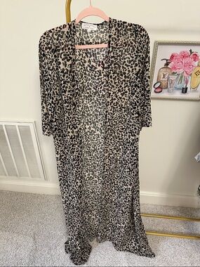 Pink Lily Leopard Print Kimono Cardigan in Black & Beige